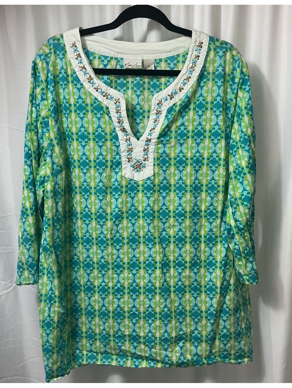 Kim Rogers Woman 2X Beaded Tunic Top Cotton Turquoise Green vacation resortwear
